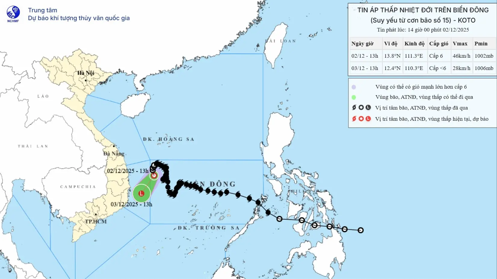 Dự báo ngày 3/12 áp thấp nhiệt đới suy yếu thành vùng áp thấp
